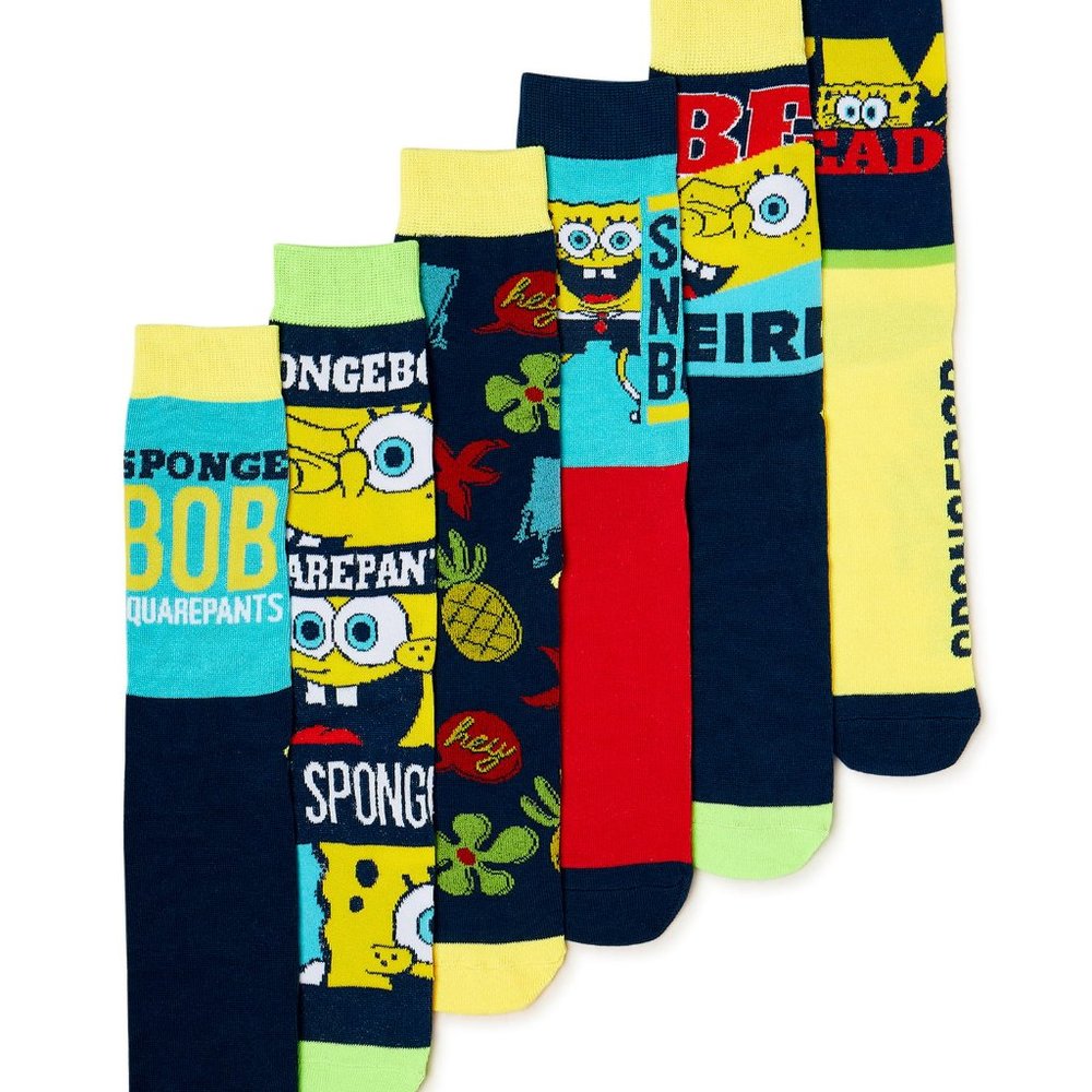 New Bioworld SpongeBob SquarePants Men's Crew Socks, 6-Pack, shoe size 8-12 - Picture 1 of 2